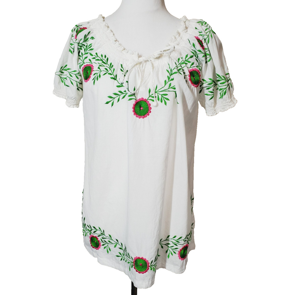 Gretchen Scott Womens‎ Small White Top Peasant Bohemian Embroidered Cotton